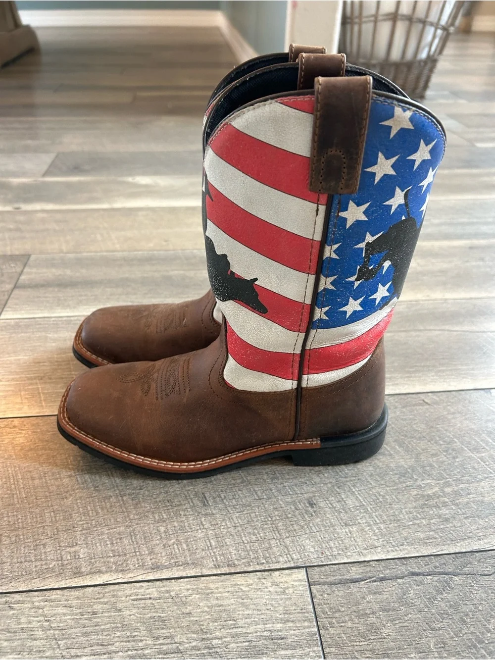Dan Post Brown Boots with Red, White & Blue Flag design and bull rider